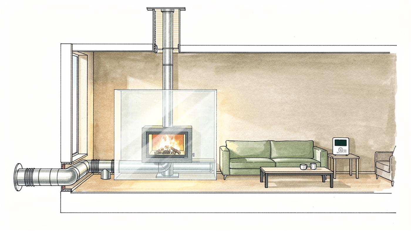 Cutaway of a living room with a sealed glass-front fireplace, an outside air duct feeding it from below and a flue rising through the roof