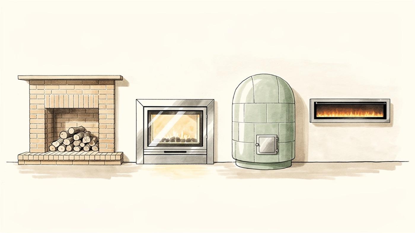 Four fireplace types side by side, an open masonry hearth, a sealed glass-front gas unit, a rounded masonry heater and a slim electric fireplace