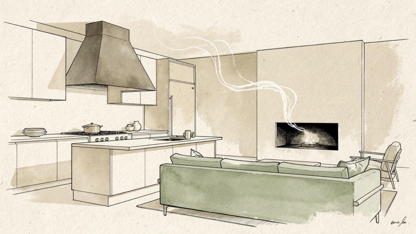 A kitchen range hood running while a thin wisp of smoke drifts back out of a fireplace opening across the room