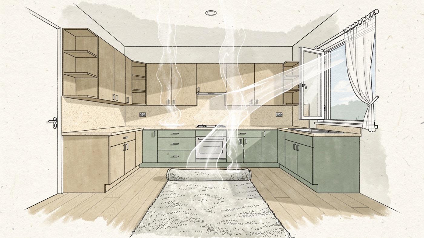 Kitchen with new cabinets, laminate flooring and a fresh carpet, faint wisps rising from each surface toward an open window