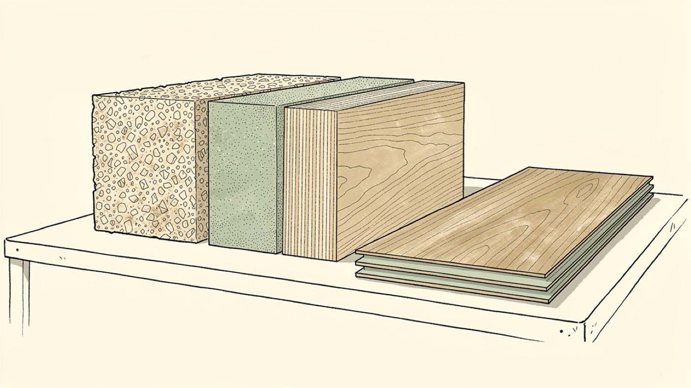 Cross sections of particleboard, medium density fiberboard and plywood stacked on a workbench beside a plank of laminate flooring