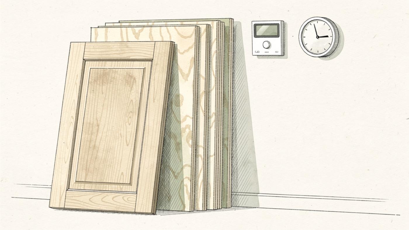 A solid wood cabinet door beside a stack of plywood sheets, a wall thermostat and a hygrometer on the wall behind
