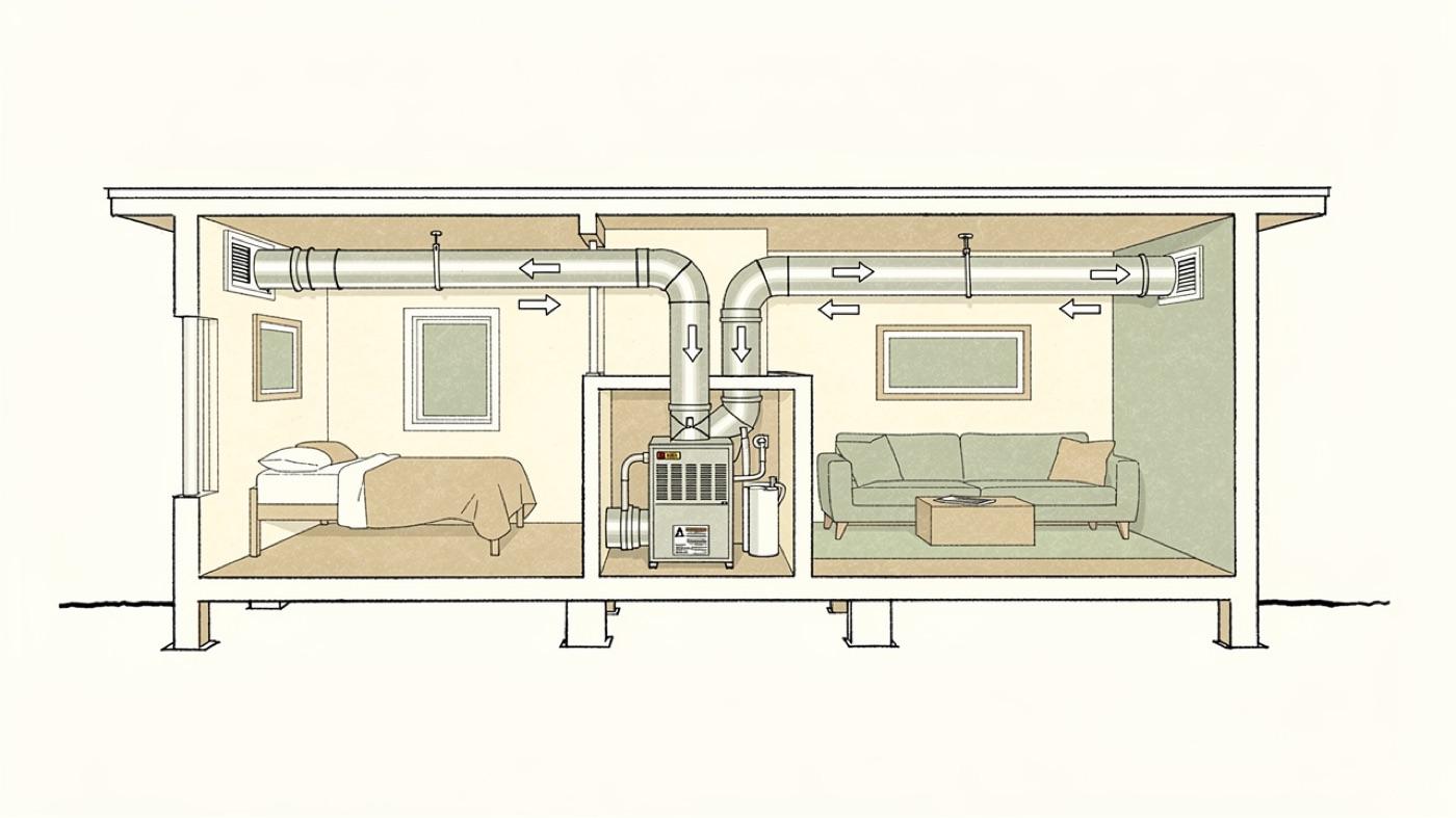 Cutaway of a house showing an outdoor air duct feeding the return side of the furnace and conditioned air flowing to each room