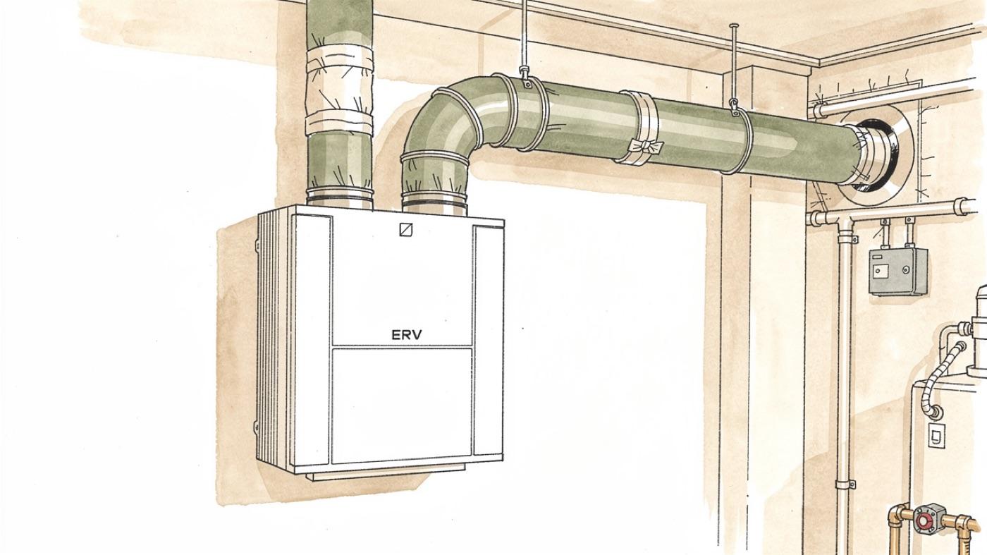 Energy recovery ventilator box mounted in a mechanical room with two ducts to the outdoors and two ducts into the house
