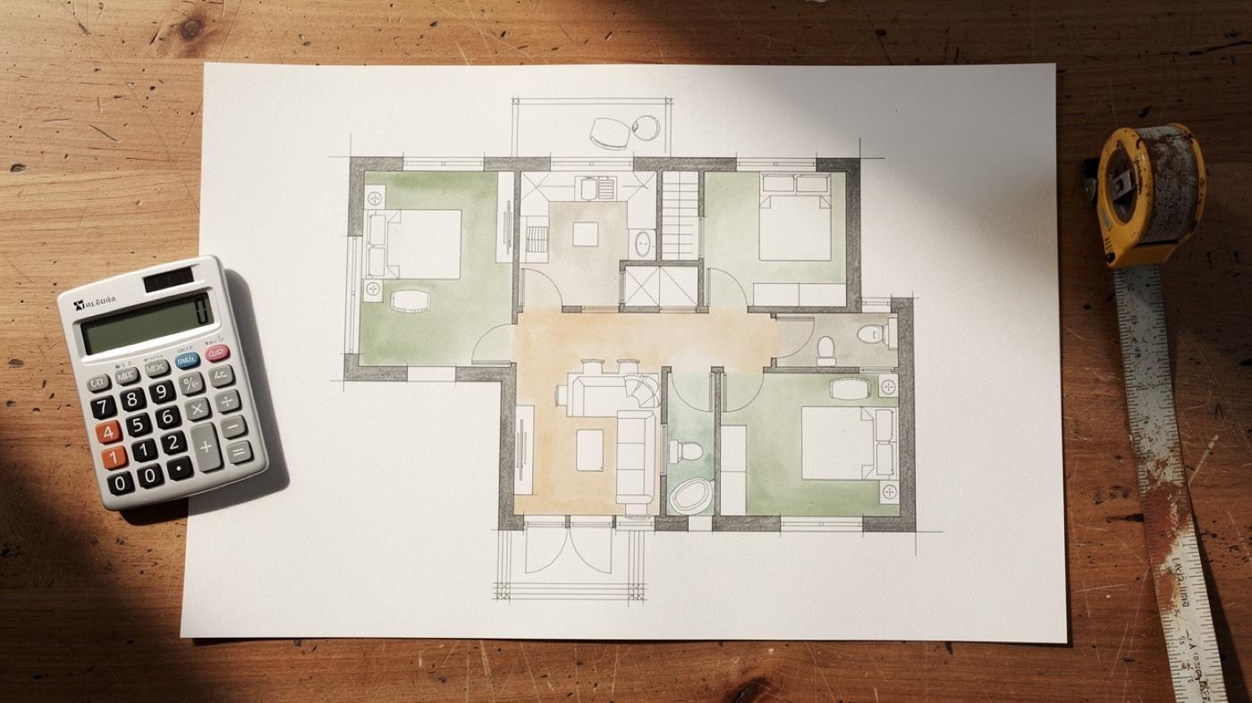 Floor plan of a small house with three bedrooms and a calculator showing the airflow needed for three occupants