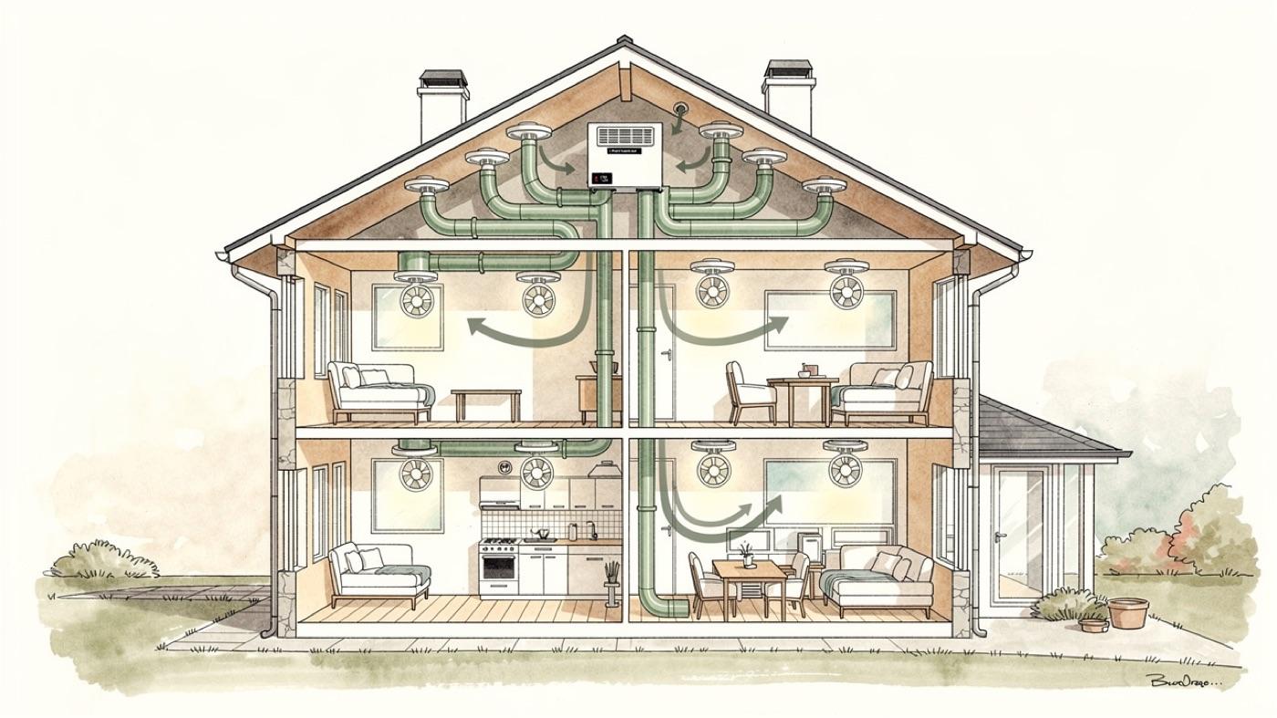 Cutaway of a two-story house showing an ERV in the attic with supply and exhaust ducts reaching every room and bath fans venting outdoors