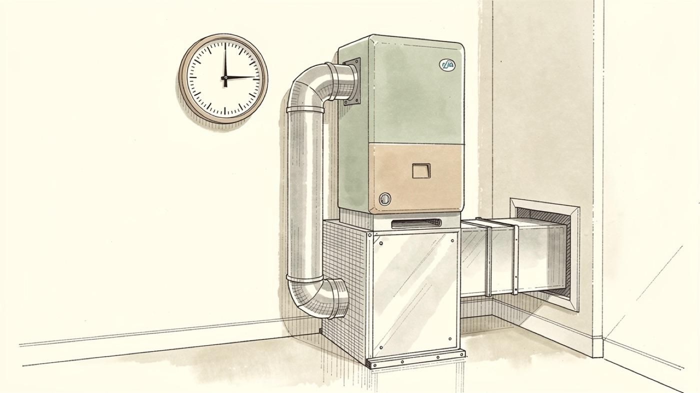 Wall hygrometer reading near the middle of its dial beside a whole-home dehumidifier ducted into the return air plenum