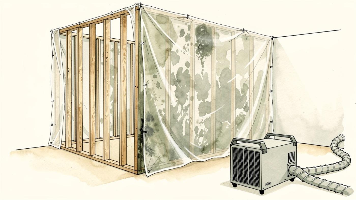 Cutaway of a framed wall under containment with plastic sheeting, a HEPA air scrubber and blasted clean studs