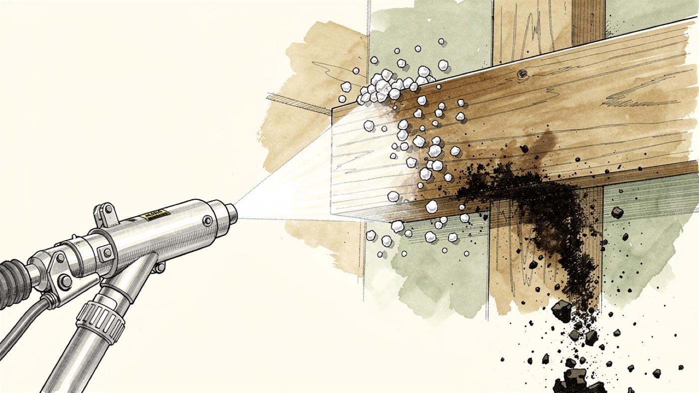 Dry ice blasting nozzle cleaning mold from a wood joist with pellets and spent debris falling away