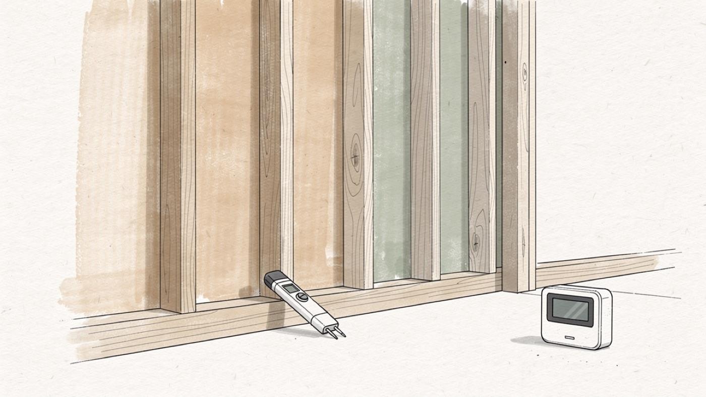 Clean wood studs with a translucent breathable coating on one side and a moisture meter resting on the sill plate