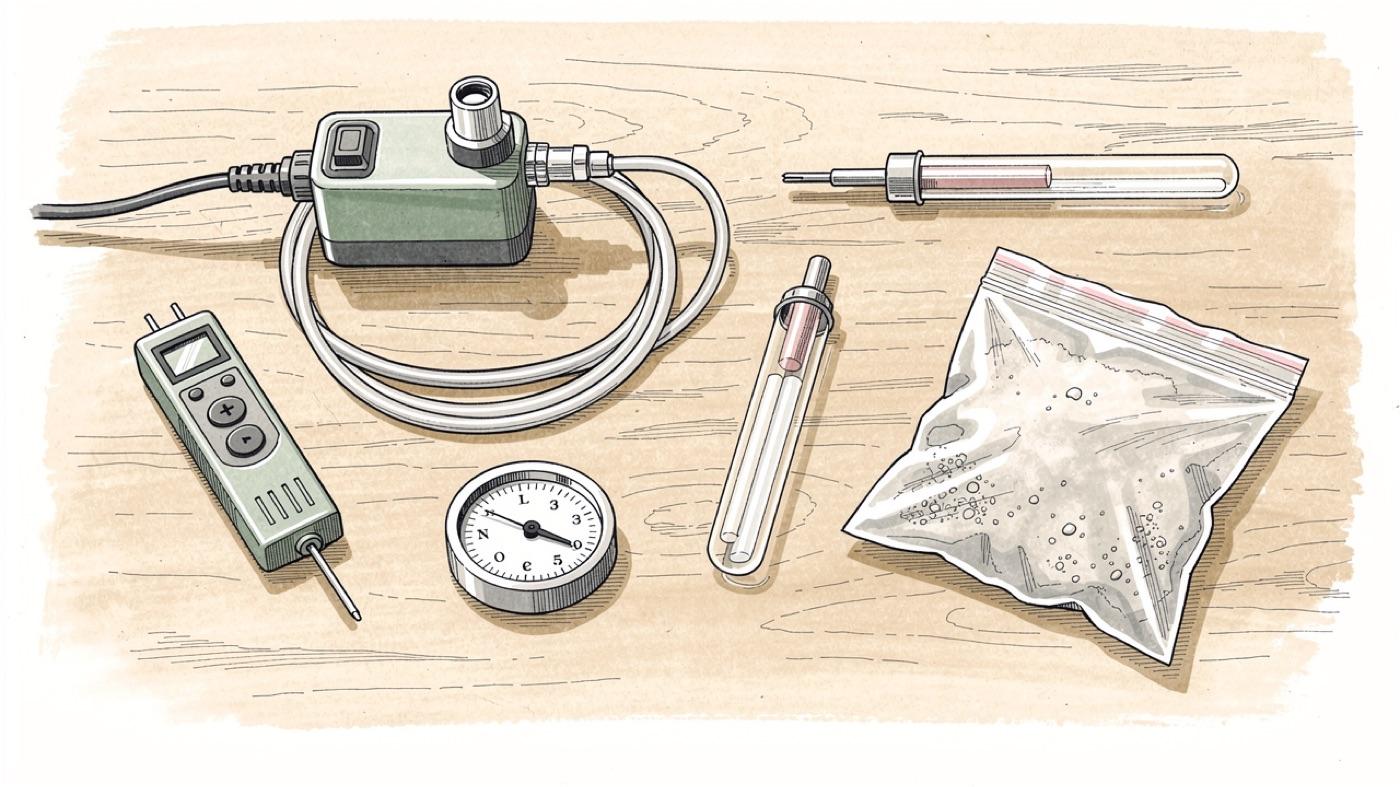 Inspection tools on a kitchen table, an air sampling pump with a glass tube, a pin moisture meter, a hygrometer and a sealed dust sample bag
