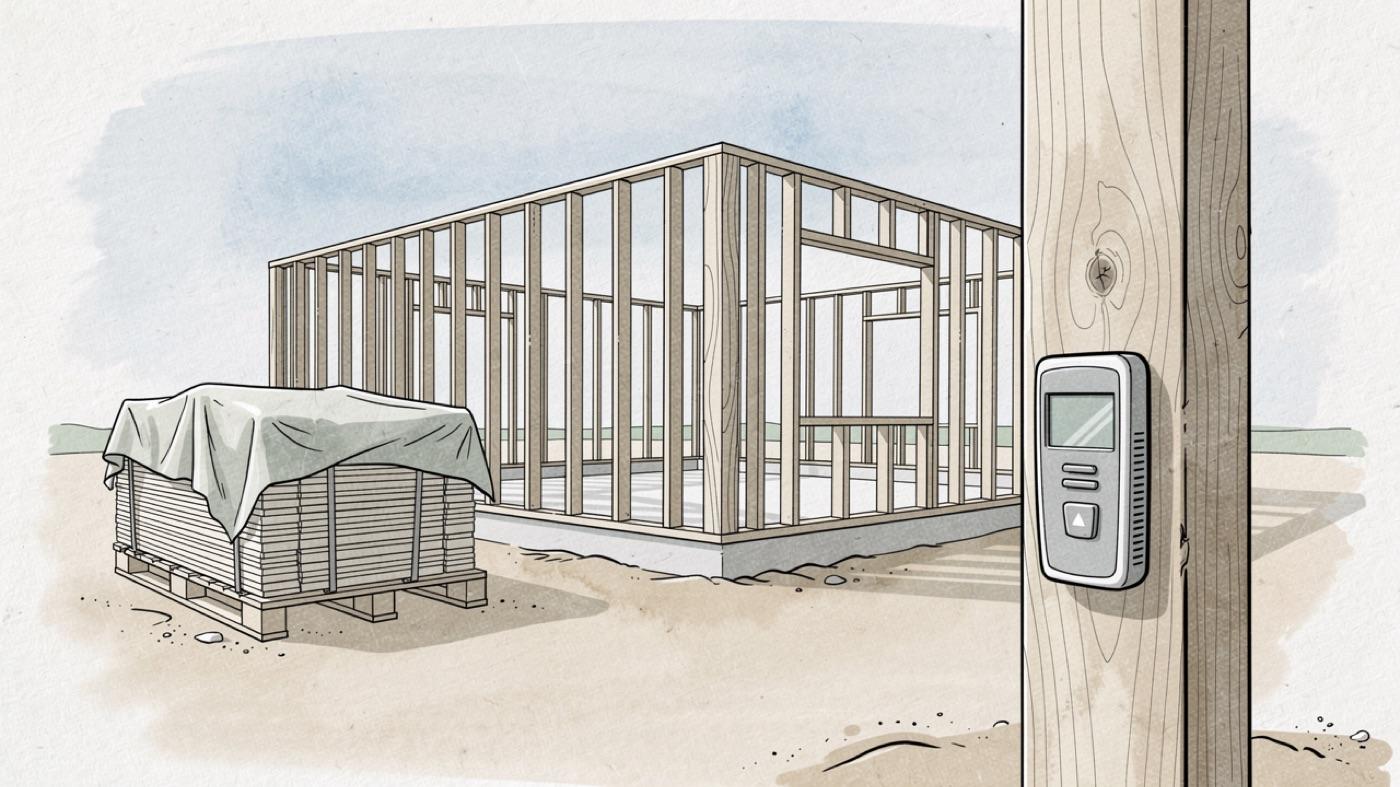 House framing with clean dry lumber, a moisture meter on a stud and materials kept dry under a tarp