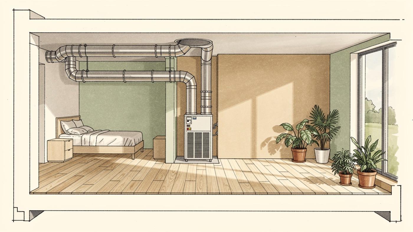 Cutaway of a house showing an energy recovery ventilator in the mechanical room, filtered ducts to each room, bare wood floors and potted plants by a large window