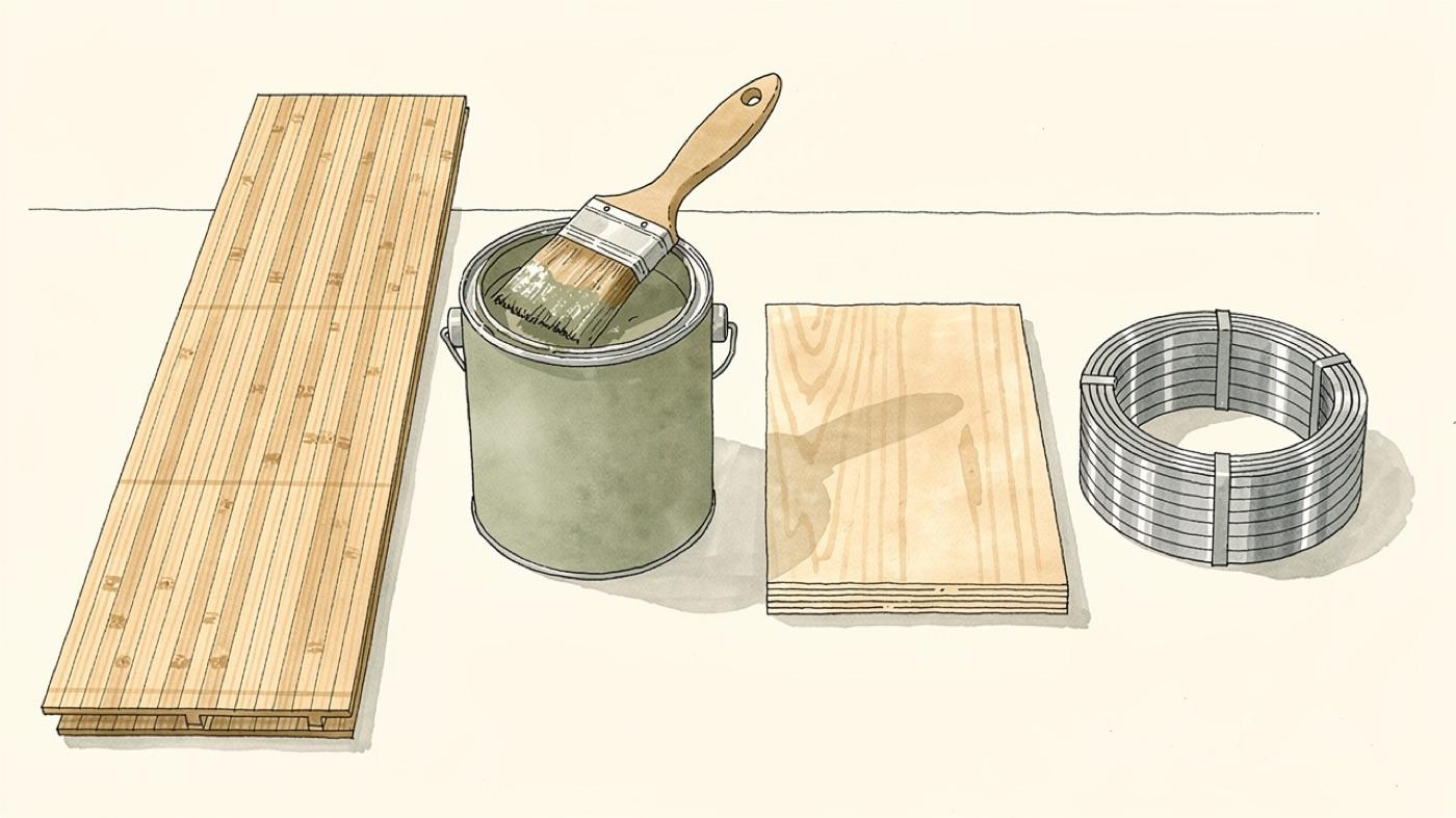 A workbench with samples of bamboo flooring, a can of clay paint, a sheet of formaldehyde-free plywood and a coil of recycled steel strapping