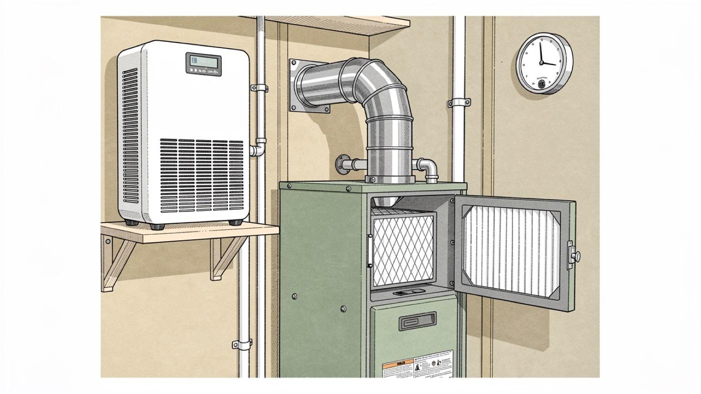 Utility closet with a whole-home dehumidifier ducted into the return plenum, a deep media filter cabinet and a round hygrometer on the wall