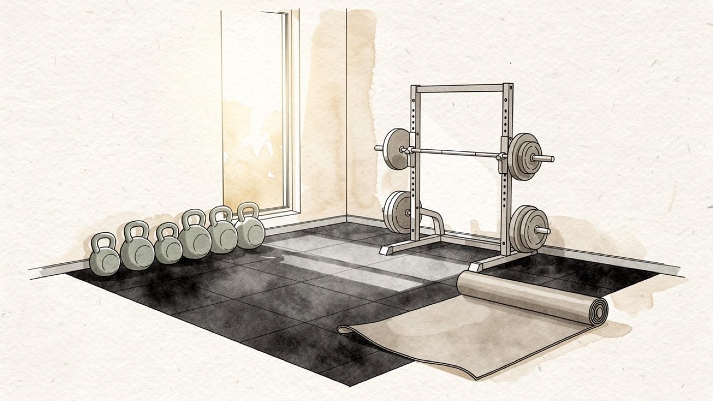 Home gym with a rubber floor, a squat rack, a row of kettlebells and a large window, with a roll of flooring standing in the corner
