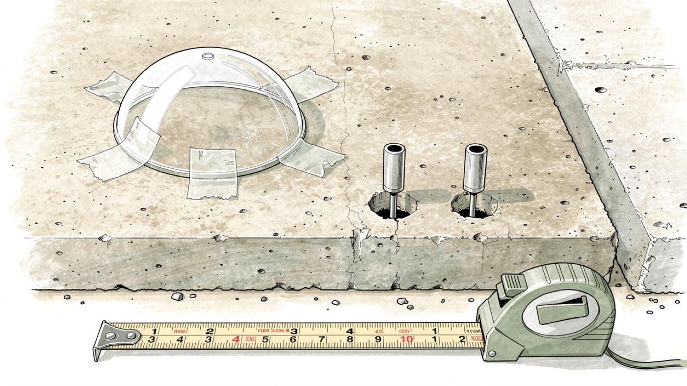 Concrete slab with two moisture test probes set into drilled holes and a domed calcium chloride test kit taped to the surface