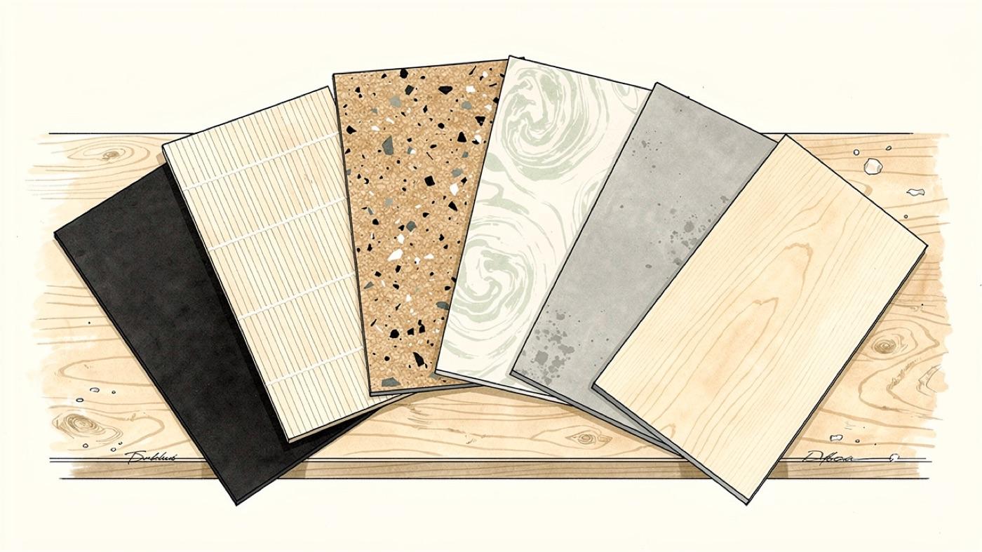 Seven flooring samples fanned on a workbench, rubber, polished concrete, bamboo, cork, vinyl plank, linoleum and maple