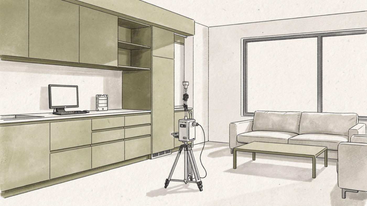 Kitchen and living area with a portable air sampling pump on a tripod, a small monitor on the counter and a labeled sample cassette beside it