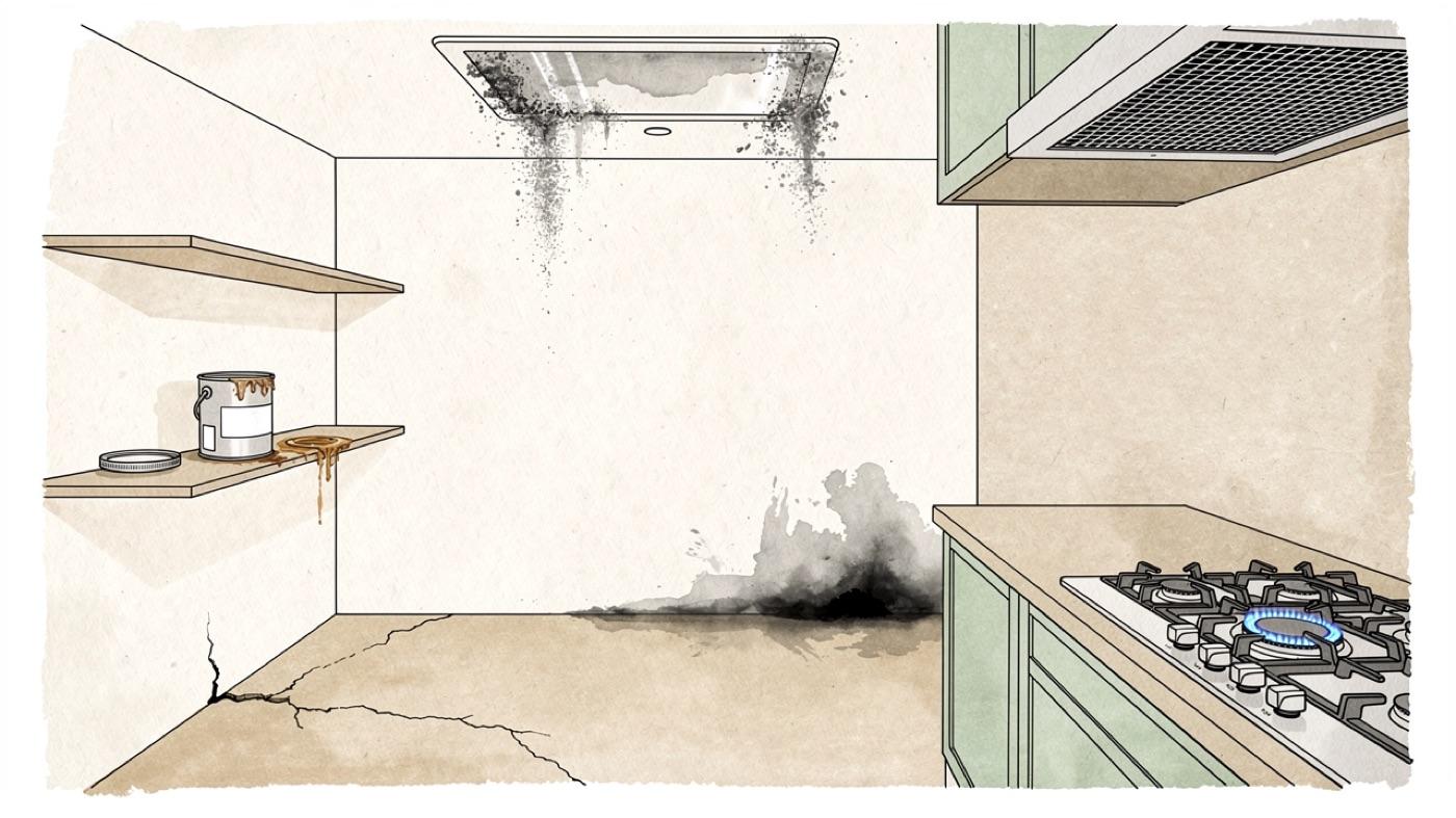 Five sources of indoor pollution around a room, a paint can, a damp corner, a gas stove, a foundation crack and a dusty vent