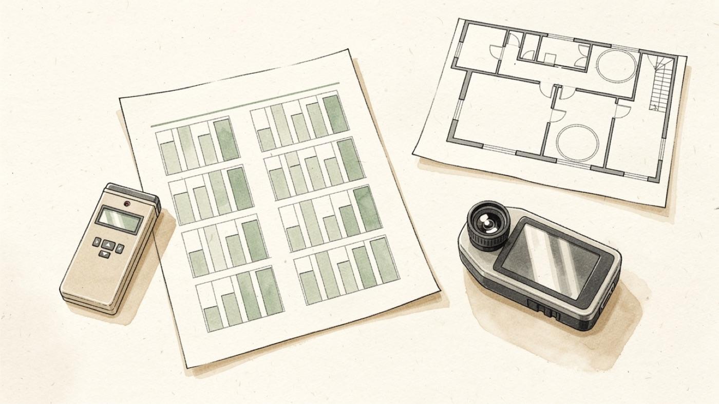 Test results sheet on a table beside a moisture meter and a thermal camera, with a floor plan marked at two rooms