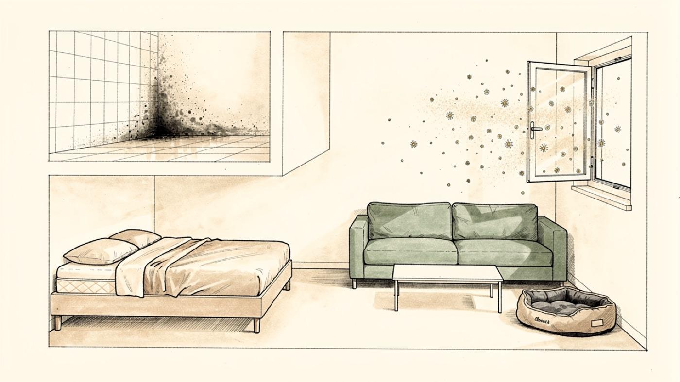A living room drawn with four highlighted allergen sources, a mattress, a damp bathroom corner, a dog bed and an open window with pollen drifting in