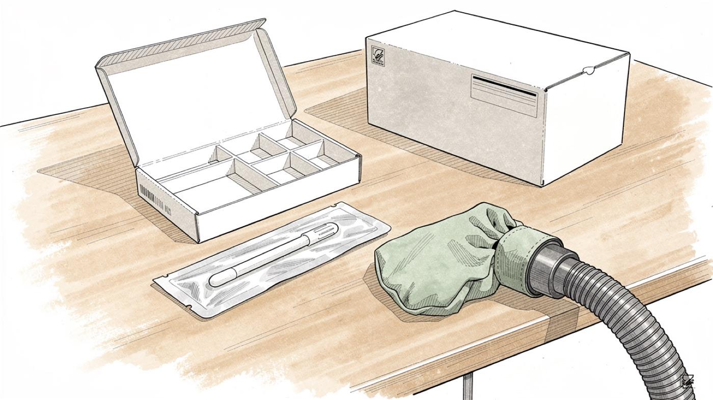 A home allergen test kit on a kitchen table with a collection swab, a dust sampling sock on a vacuum nozzle and a prepaid mailing box