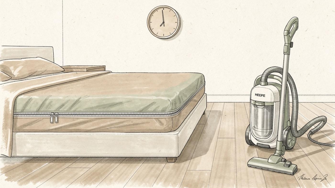 A bedroom with a zippered mattress cover, a HEPA vacuum on the floor, a wall hygrometer reading mid-range and hard flooring instead of carpet