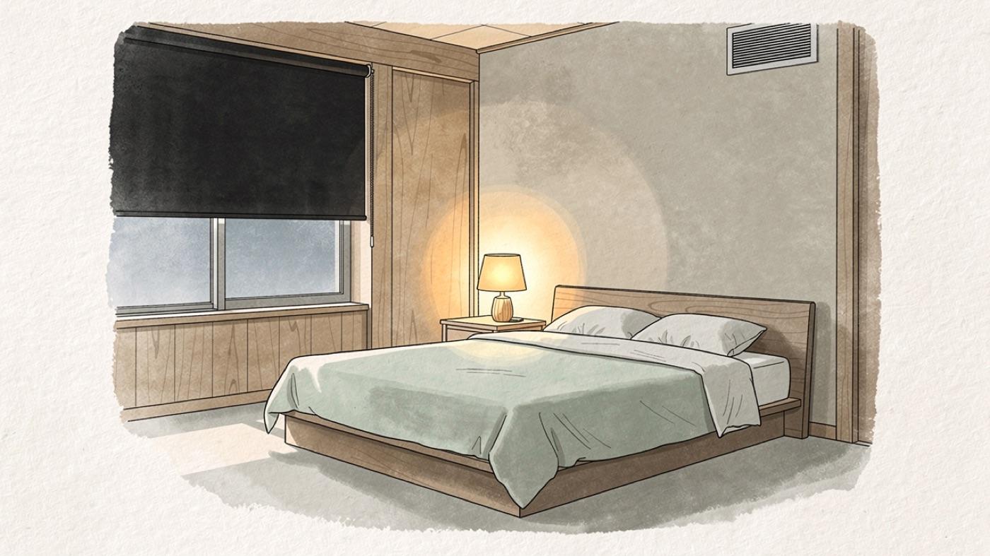 A restful bedroom with blackout shades, a warm bedside lamp and a fresh-air vent