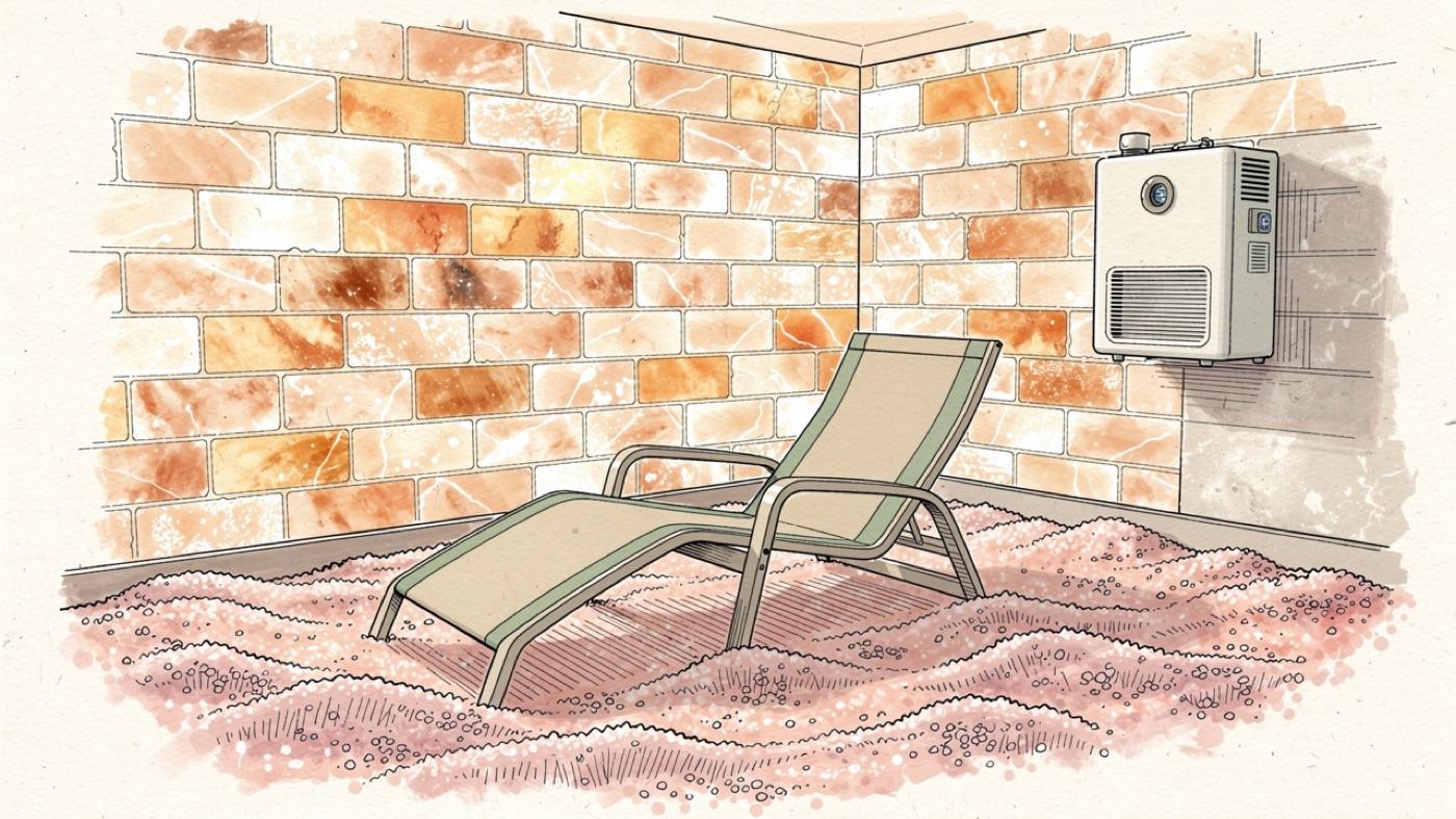 A softly lit salt room with Himalayan salt brick walls glowing warm, a deep bed of loose pink salt on the floor, a reclining chair and a small halogenerator on the wall