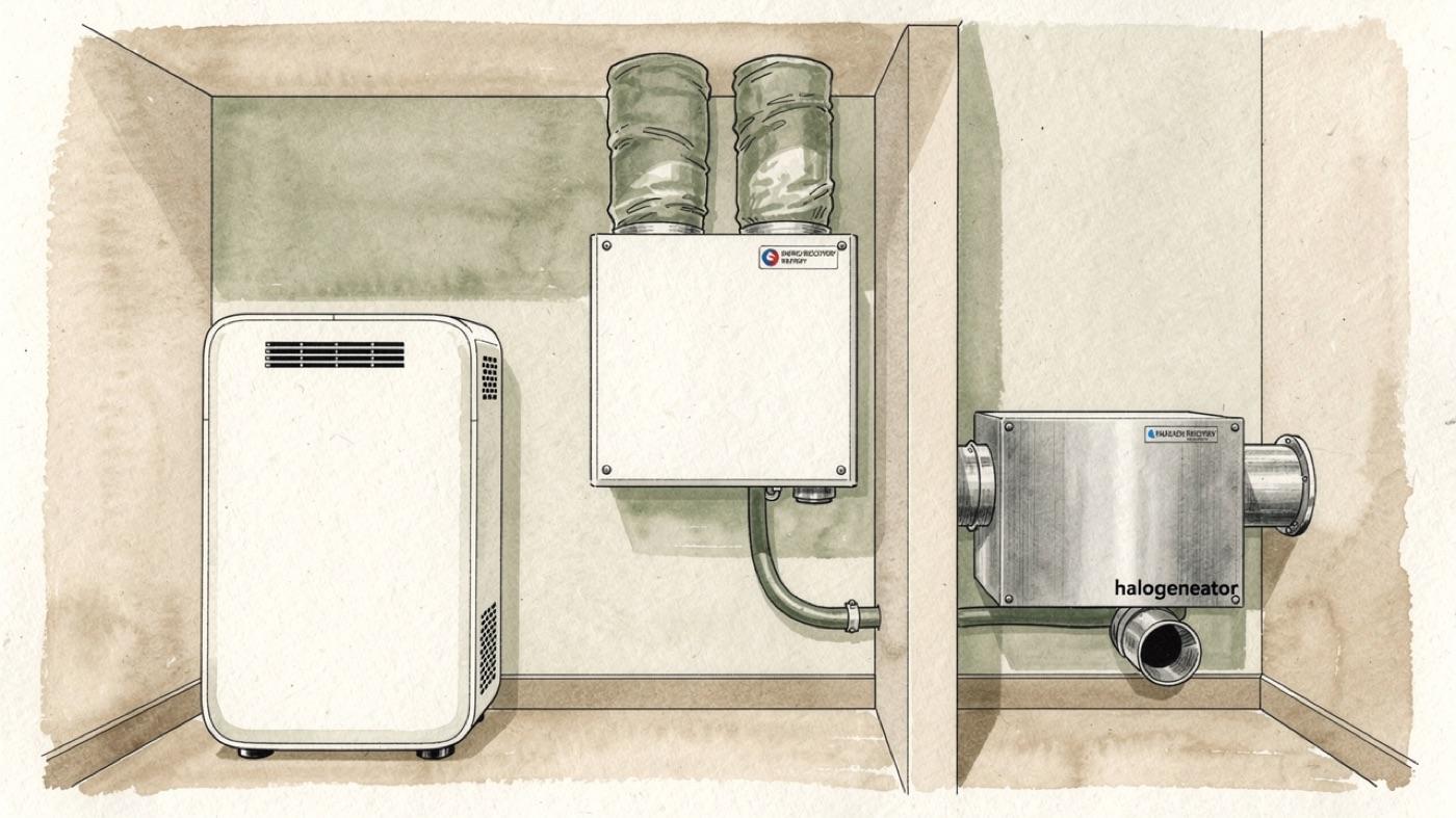 A salt room mechanical closet with a HEPA air unit, a small energy recovery ventilator and a stainless steel halogenerator with ducts running through the wall