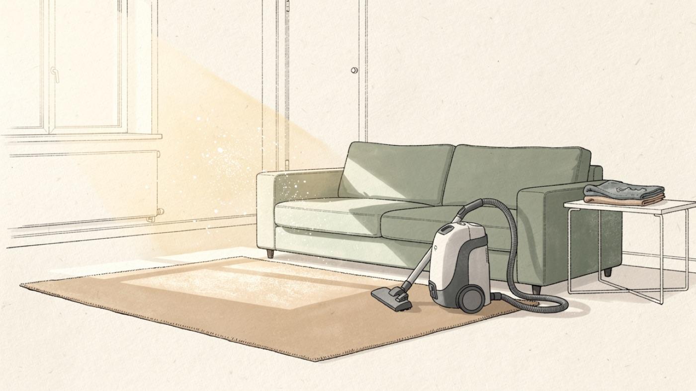Sunlit living room with dust motes drifting in a shaft of light above a rug, a sealed vacuum and a damp cloth resting nearby