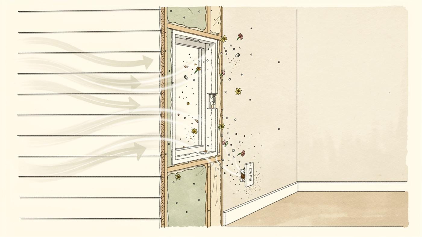 Cutaway of an exterior wall showing outdoor pollen and road dust pushed through gaps in the sheathing toward the living space
