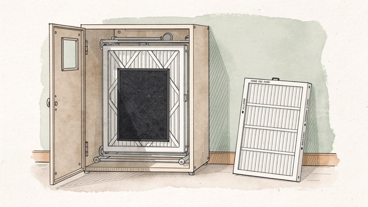 Furnace filter cabinet with a pleated media filter, a carbon prefilter and a thin one-inch filter propped beside it