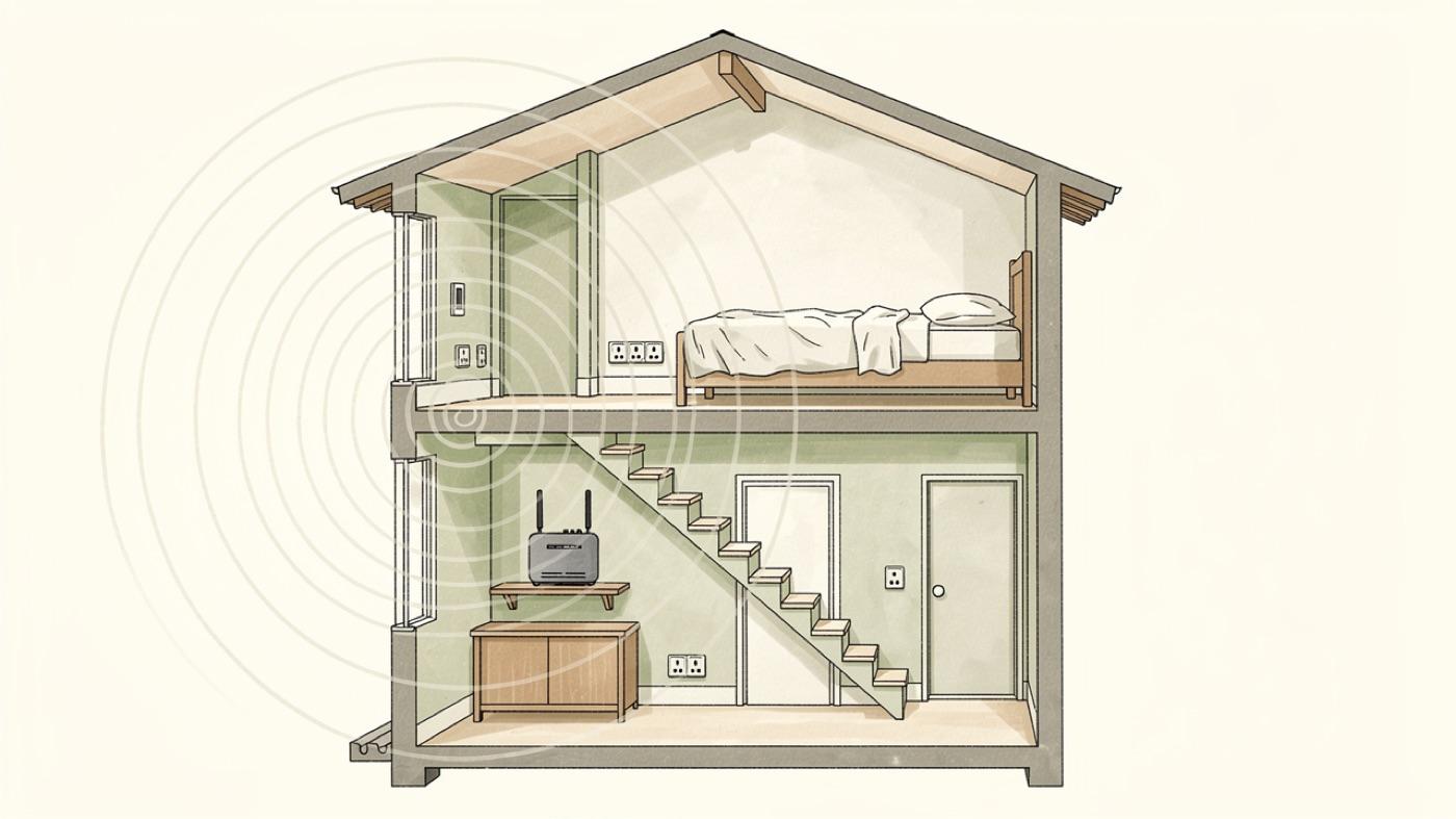 Cutaway of a two-story house with a router, phone chargers and a bedroom shown, faint field lines fading as they move away from the devices