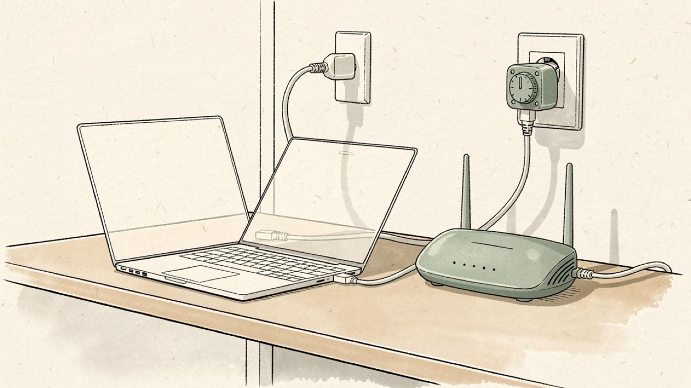 Ethernet cable running from a wall jack to a laptop on a desk beside a router with its antenna light off