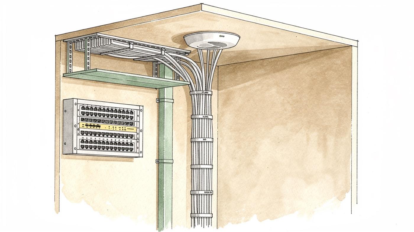 Mechanical closet with a PoE switch, shielded network cables and a ceiling-mounted wireless access point drawn in a cutaway above