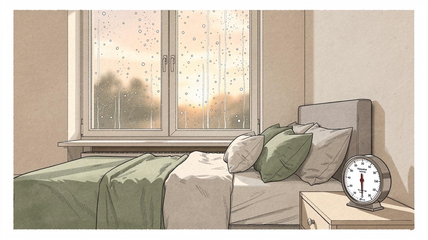 Bedroom window at dawn with condensation beaded on the glass, a bed pulled a few inches from the exterior wall and a round hygrometer on the nightstand