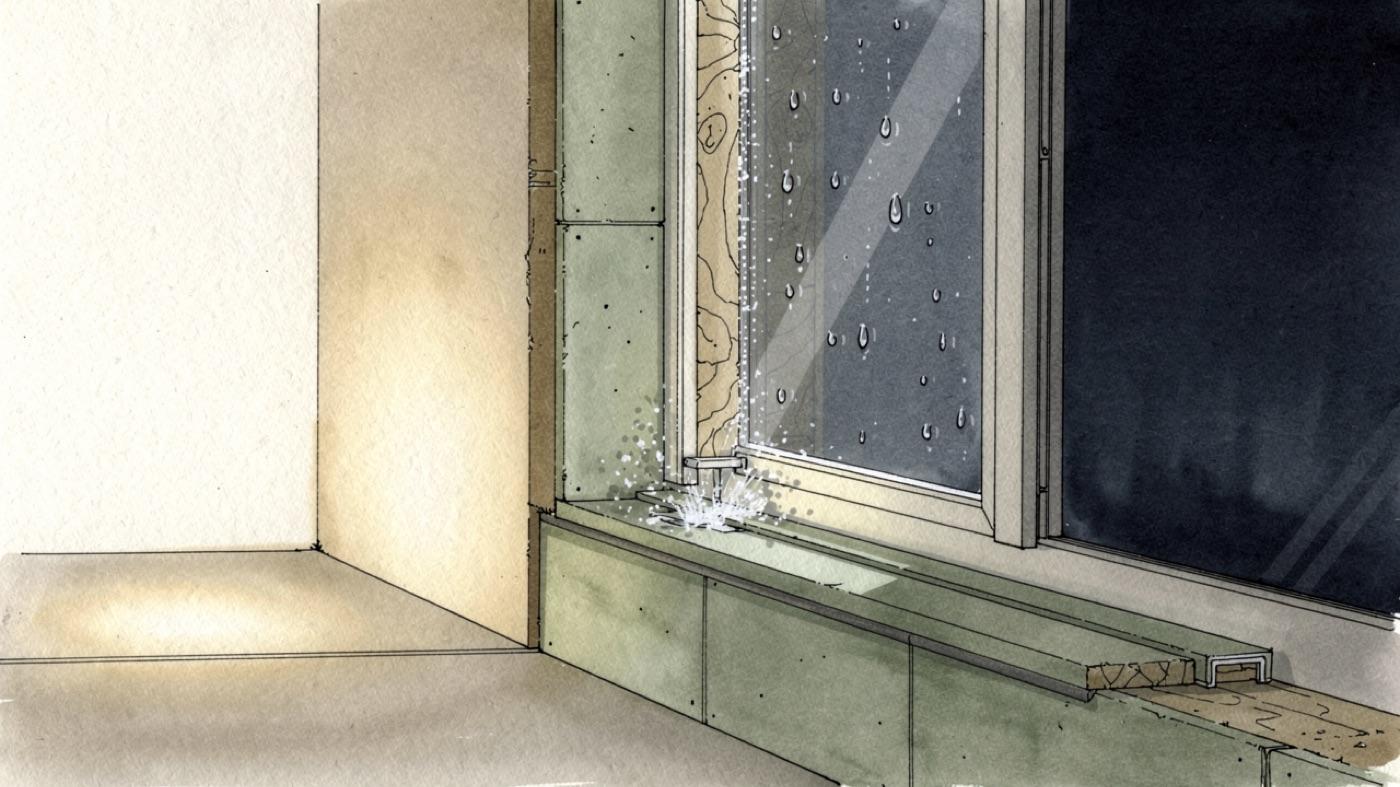 Cross section of a cold exterior wall and window at night with water droplets forming on the inside glass and the wall corner