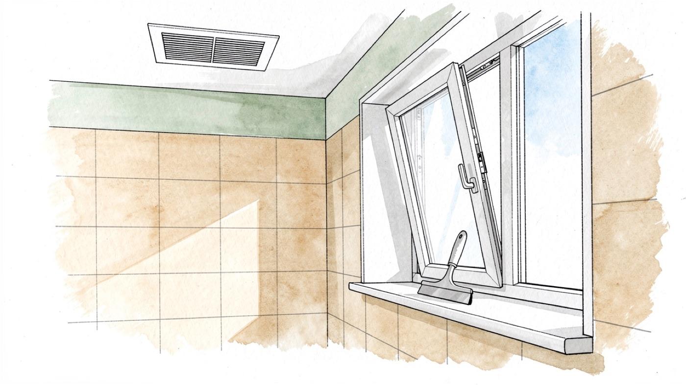 Bathroom with the exhaust fan running, the window cracked open and a squeegee resting on a dry window sill