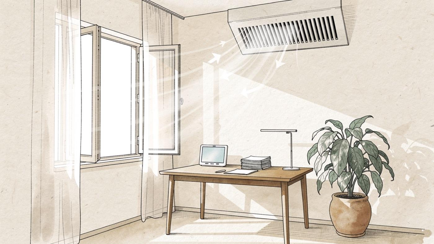 Bright home office with fresh air and daylight, the kind of room good indoor air quality makes possible