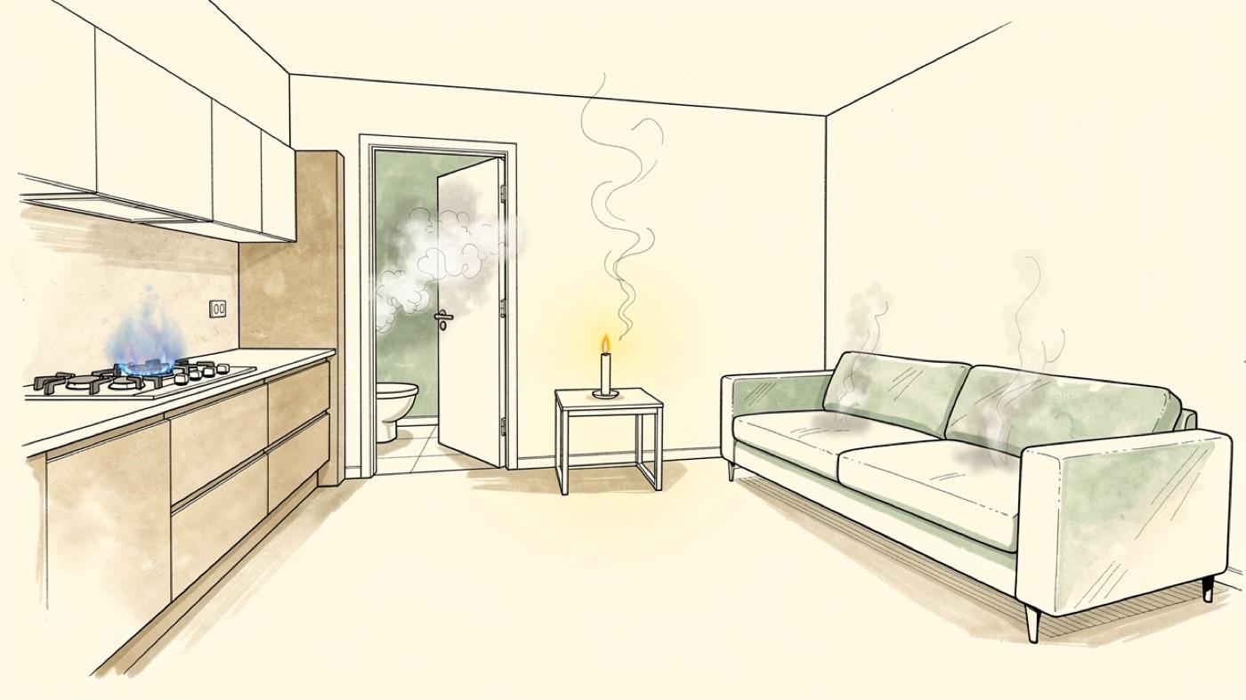 Four indoor pollutant sources drawn in one room, a gas cooktop, a burning candle, a new sofa and a bathroom door with steam
