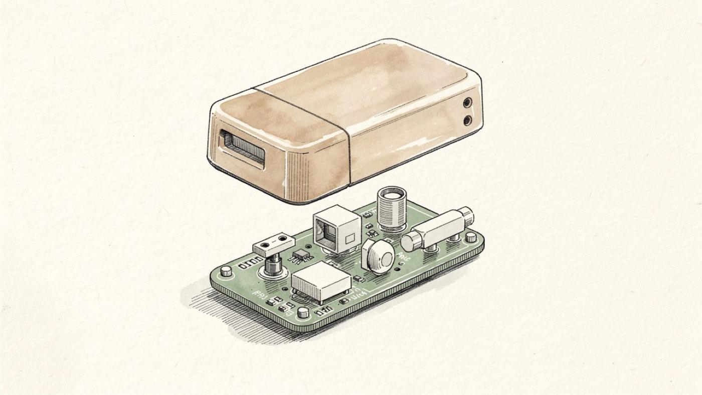 Exploded view of an air quality monitor showing separate sensor modules for particulate matter, carbon dioxide, VOCs, humidity and temperature