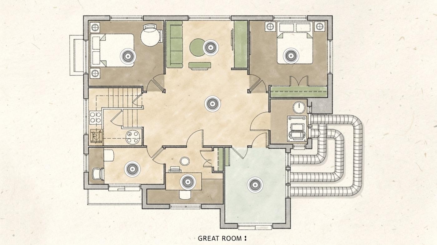 Floor plan of a house with monitor icons in the primary bedroom, second bedroom, great room, office and basement, and an ERV in the mechanical room