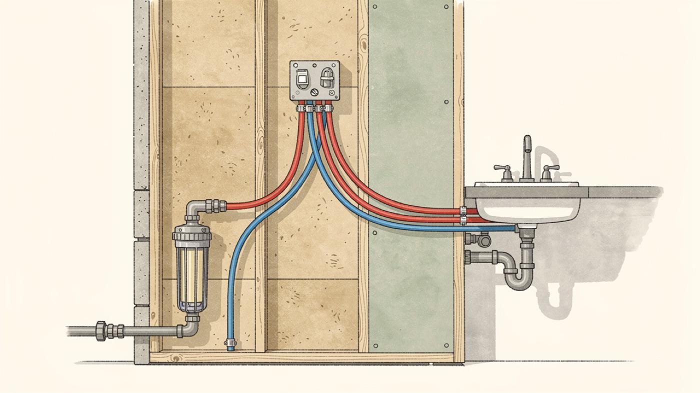Cutaway of a wall with red and blue PEX lines running from a manifold to a kitchen sink, a whole-house filter on the supply line at the entry point