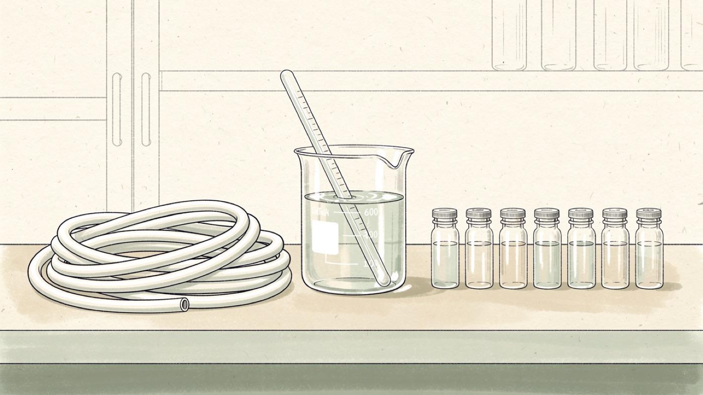 Laboratory bench with a coil of PEX tubing, a beaker of water, a thermometer and a row of small sample vials