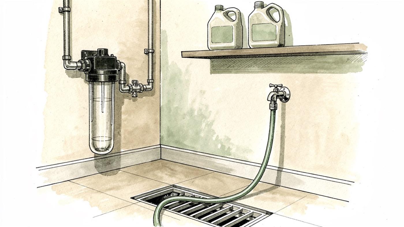 Utility room with a whole-house filter, a hose running from a hose bib into a floor drain, and two jugs of treatment solution on a shelf