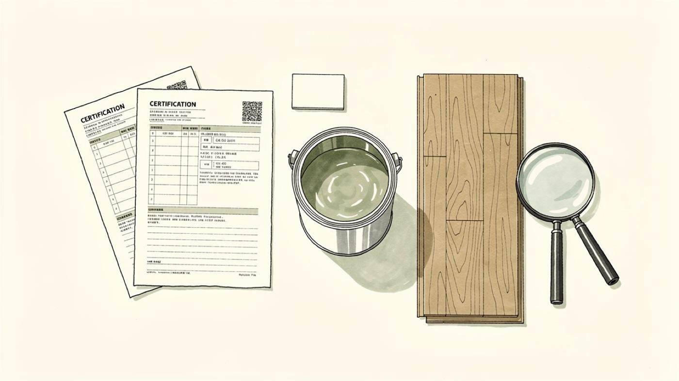 A workbench with a safety data sheet, a health product declaration and a certification label laid beside a can of paint and a plank of flooring