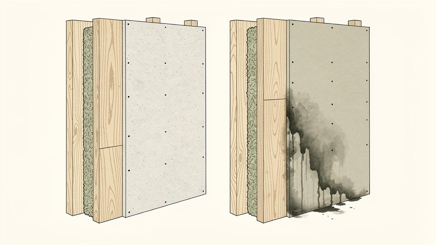 Cutaway of a wall assembly showing solid wood framing, mineral insulation and cement board next to a second assembly of engineered board with a dark stain spreading through it
