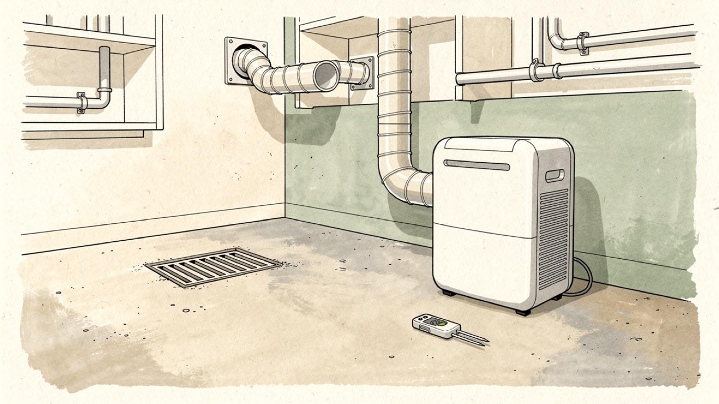 Utility room with a dehumidifier, an exhaust duct running outdoors, a dry floor drain and a moisture meter resting on a clean concrete floor